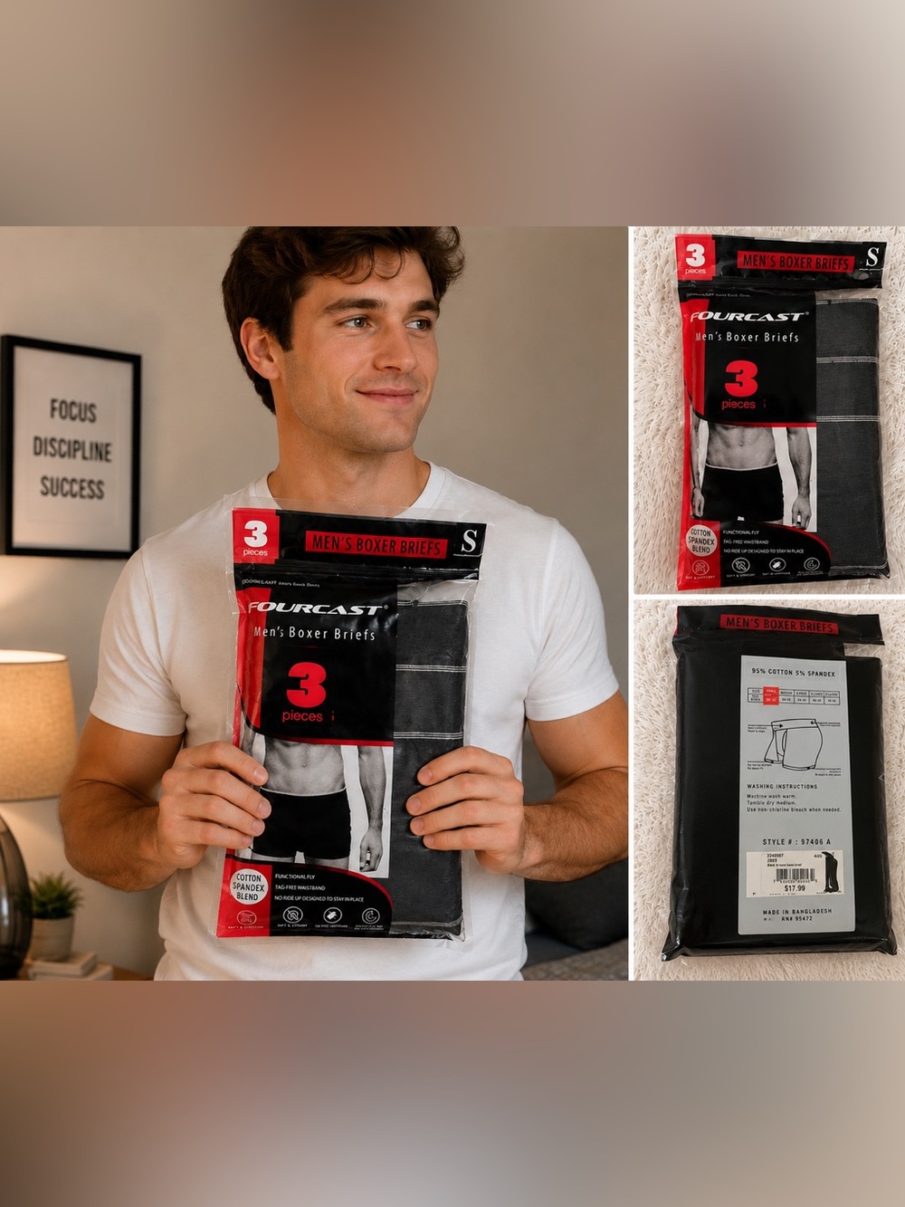 Fourcast Men’s Boxer Briefs 3 Pack Size Small 30-32 Cotton Stretch NIP